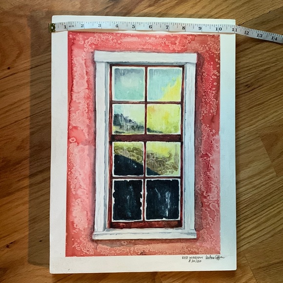Red wall window watercolor painting 11” by 15” on birch board by local artist. - Picture 8 of 9